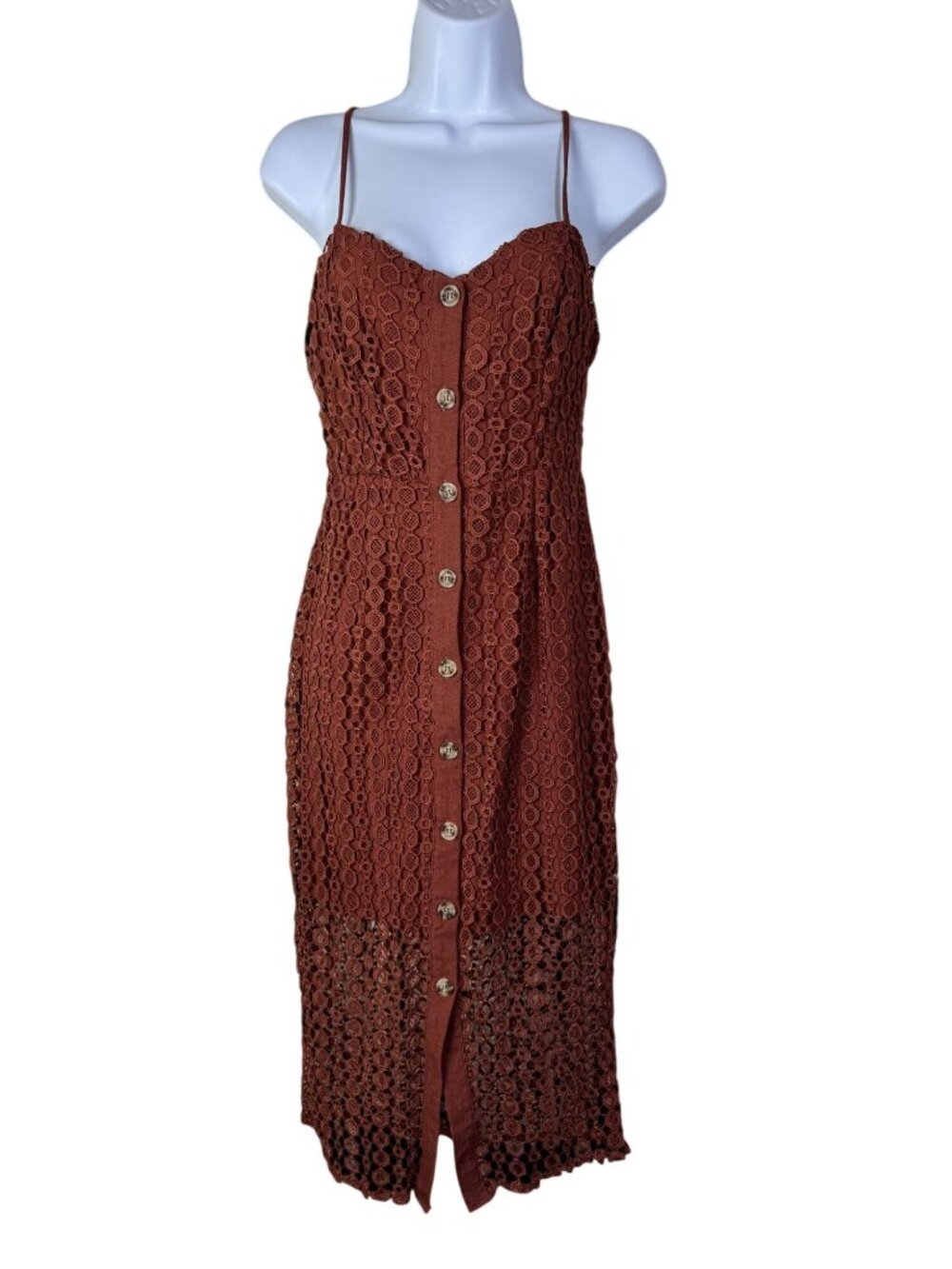 Willow & Root Button Front Rust Lace Midi Dress Size Small Linen Cotton Crochet